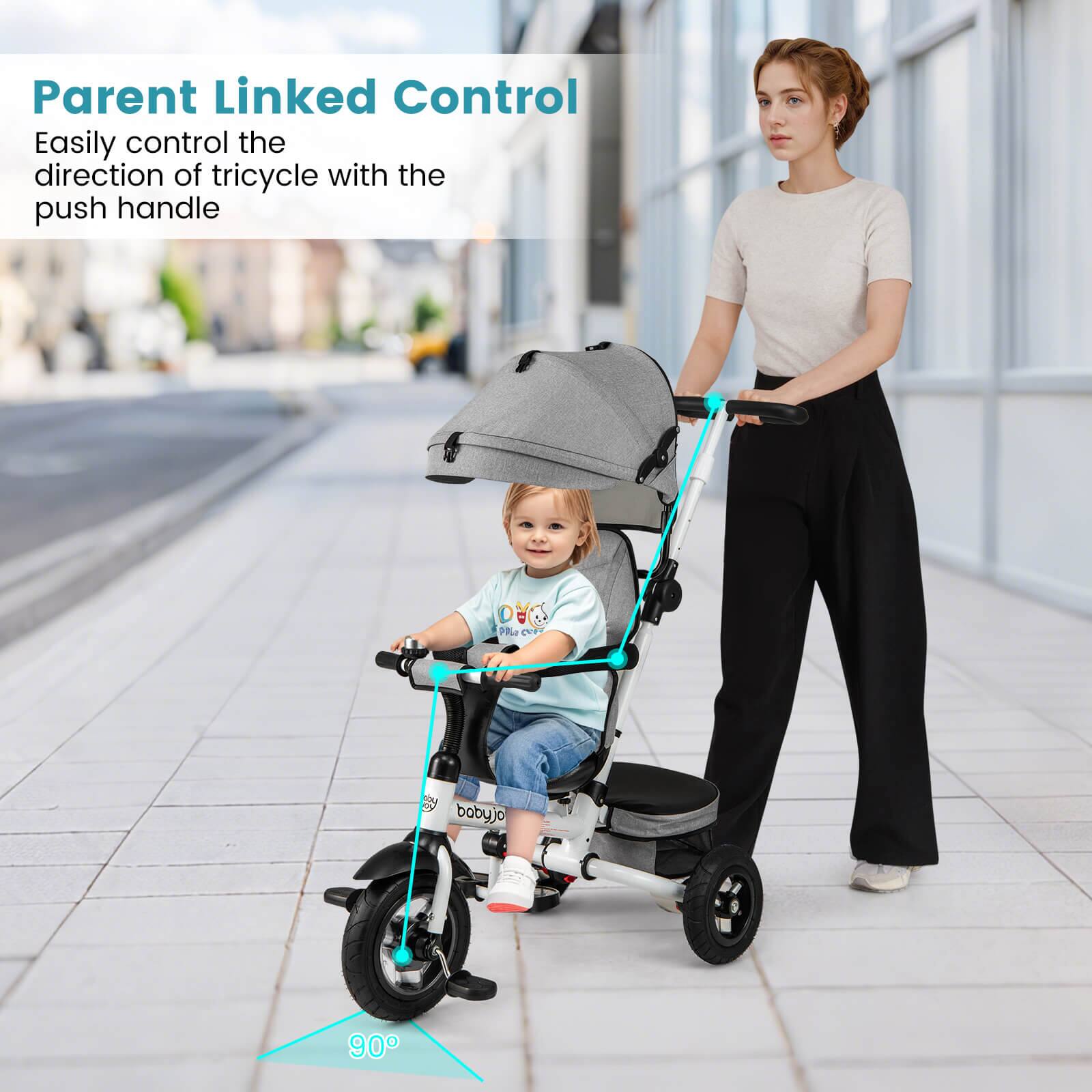 Parent Linked Control  
Easily control the direction of tricycle with the push handle