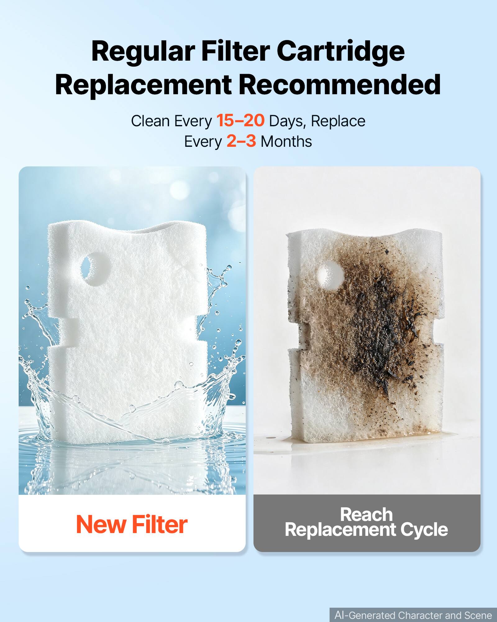 Regular Filter Cartridge Replacement Recommended  
Clean Every 15-20 Days, Replace Every 2-3 Months  

New Filter  
Reach Replacement Cycle  

AI-Generated Character and Scene