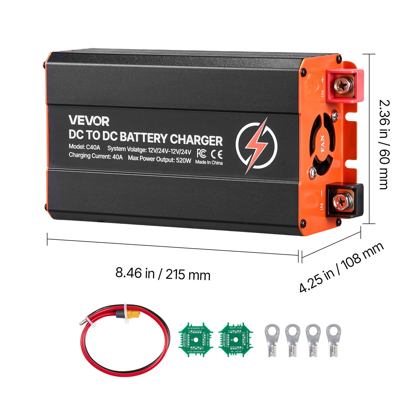 VEVOR DC TO DC BATTERY CHARGER  
Model: C40A  
System Voltage: 12V/24V-12V/24V  
Charging Current: 40A  
Max Power Output: 520W  
Made in China  

8.46 in / 215 mm  
2.36 in / 60 mm  
4.25 in / 108 mm