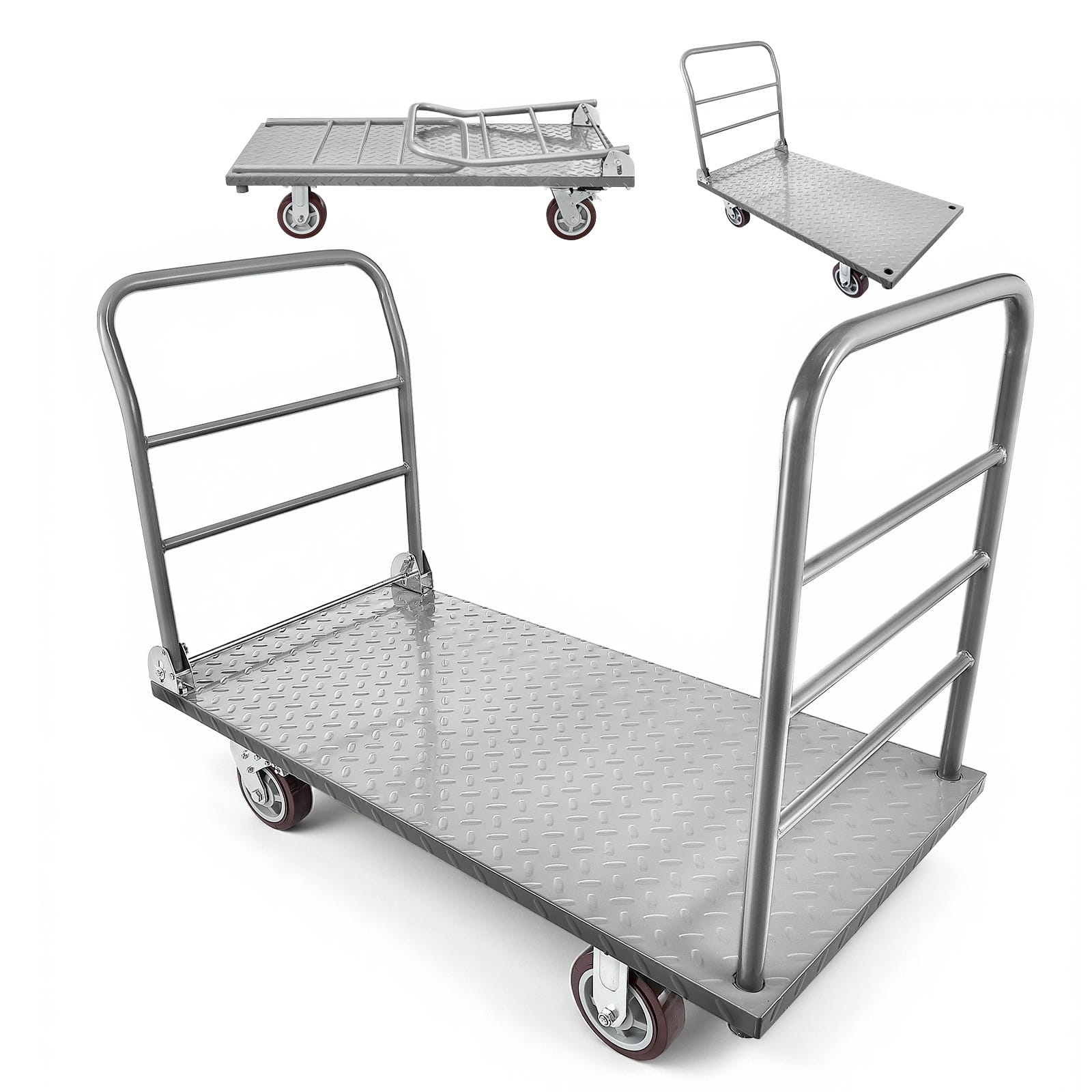 VEVOR - Platform Truck, 2650 lbs Capacity, Heavy Duty Flatbed Cart Dolly with Detachable Guardrail and Swivel Wheels - Silver