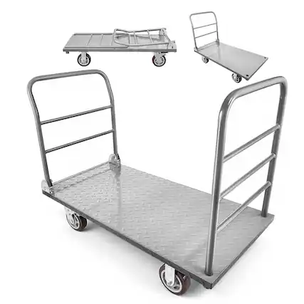 Front. VEVOR - Platform Truck, 2650 lbs Capacity, Heavy Duty Flatbed Cart Dolly with Detachable Guardrail and Swivel Wheels - Silver.