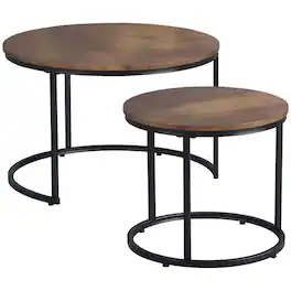 Homcom - Round Nesting Tables Set of 2, Stacking Coffee Table Set with Metal Frame for Living Room - Rustic Brown