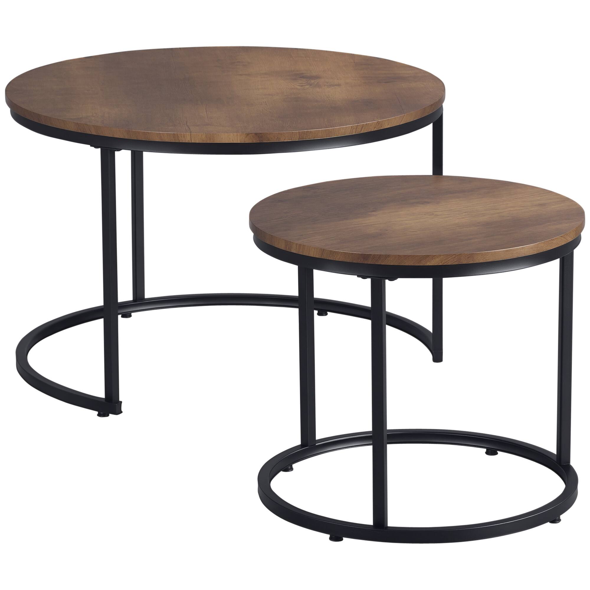 Front. Homcom - Round Nesting Tables Set of 2, Stacking Coffee Table Set with Metal Frame for Living Room, Rustic Brown - Rustic Brown.
