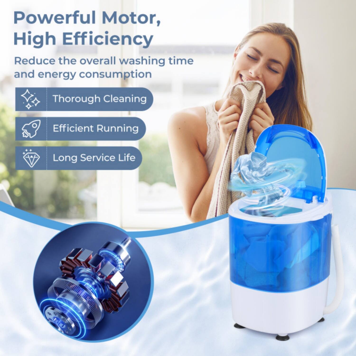 Powerful Motor, High Efficiency  
Reduce the overall washing time and energy consumption  
- Thorough Cleaning  
- Efficient Running  
- Long Service Life