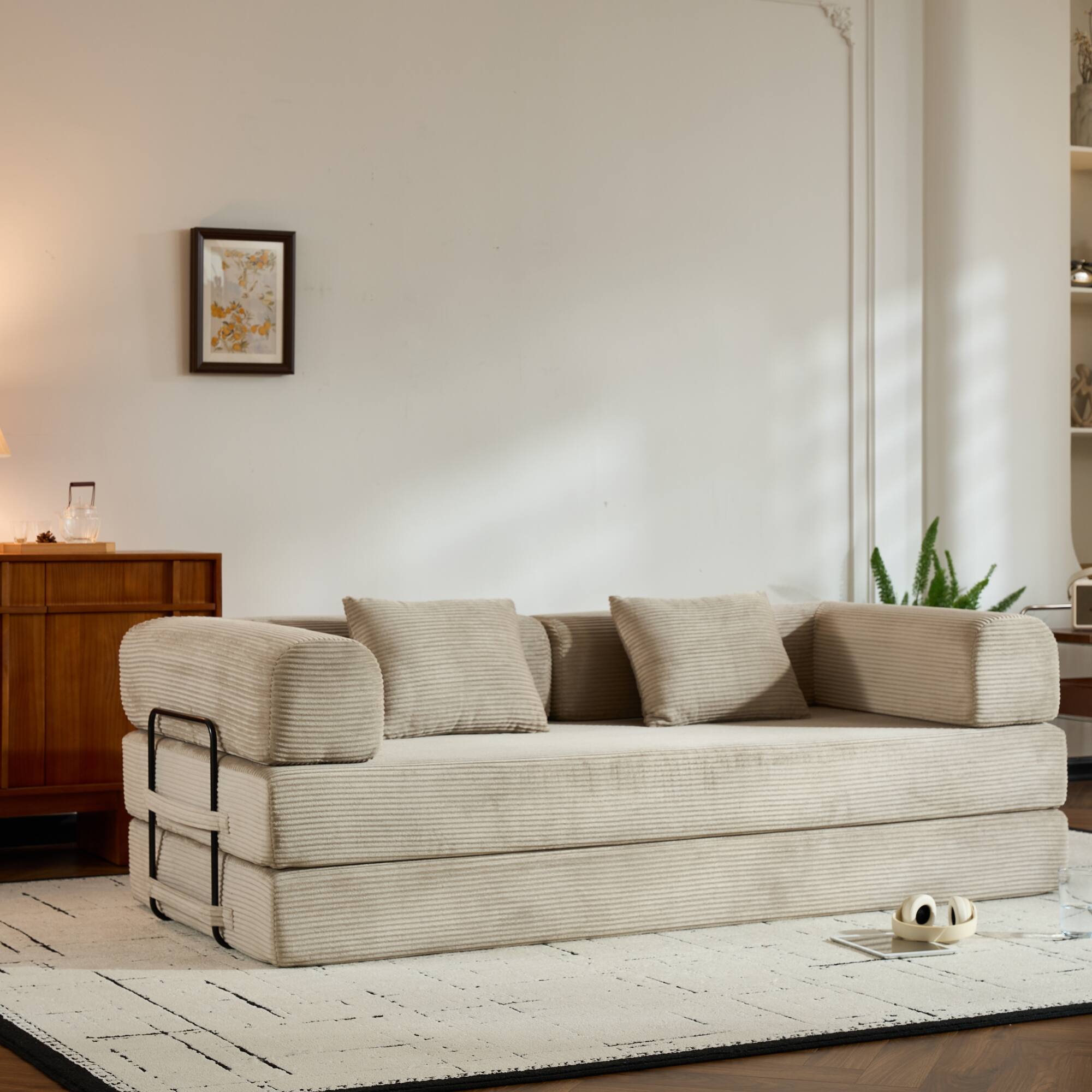 Alt View 2. GOODSILO - Convertible Sleeper Sofa in Cylindroy Fabric | Features a Cylindrical Pillow & Space-Saving Foldable Design - Beige.