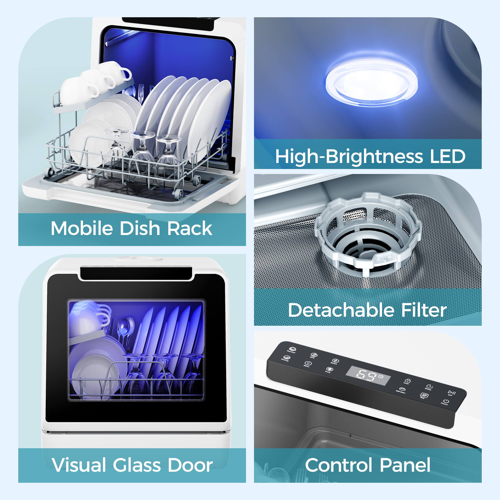 - Mobile Dish Rack
- High-Brightness LED
- Visual Glass Door
- Detachable Filter
- Control Panel