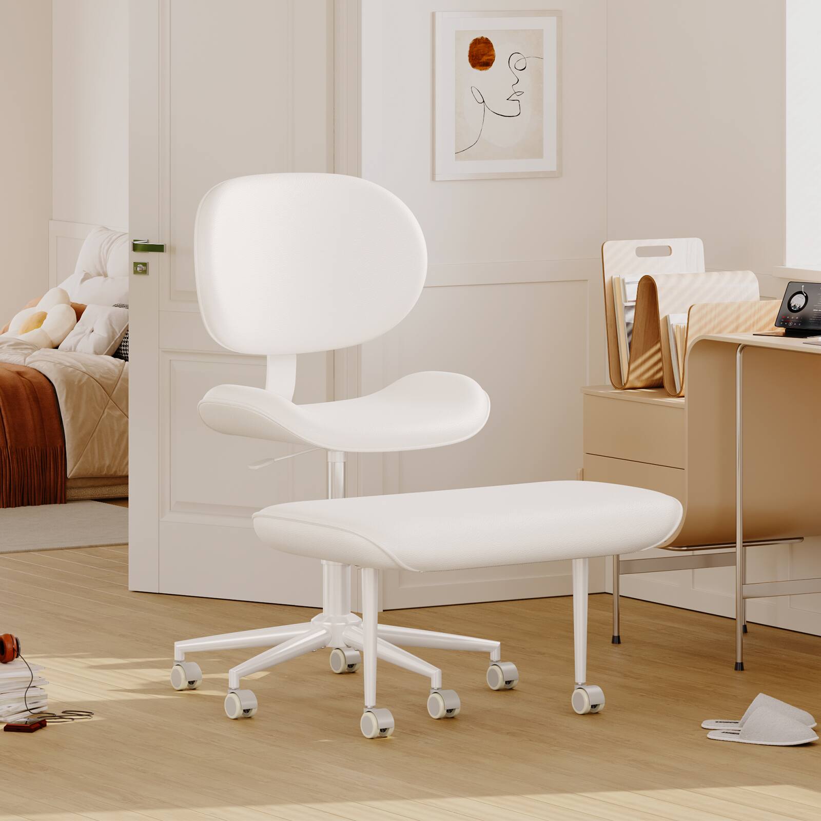 Angle. Pinmoco - Ergonomic Cross-Legged Swivel Chair, Adjustable PU Leather Meditation Chair - White.