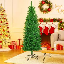 BreeBe - Artificial Slim Fir Tree – 5ft 6ft 7ft Prelit with 150 Lights and Hinged Design - Green