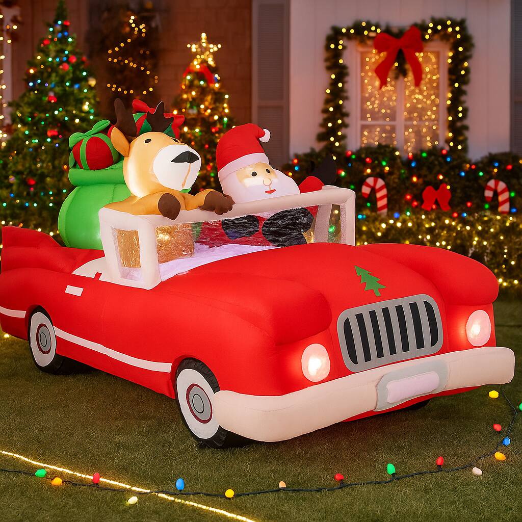 Angle. BreeBe - Christmas Inflatable 7.7FT Santa Driving Car with Reindeer and Gifts - Multicolor.