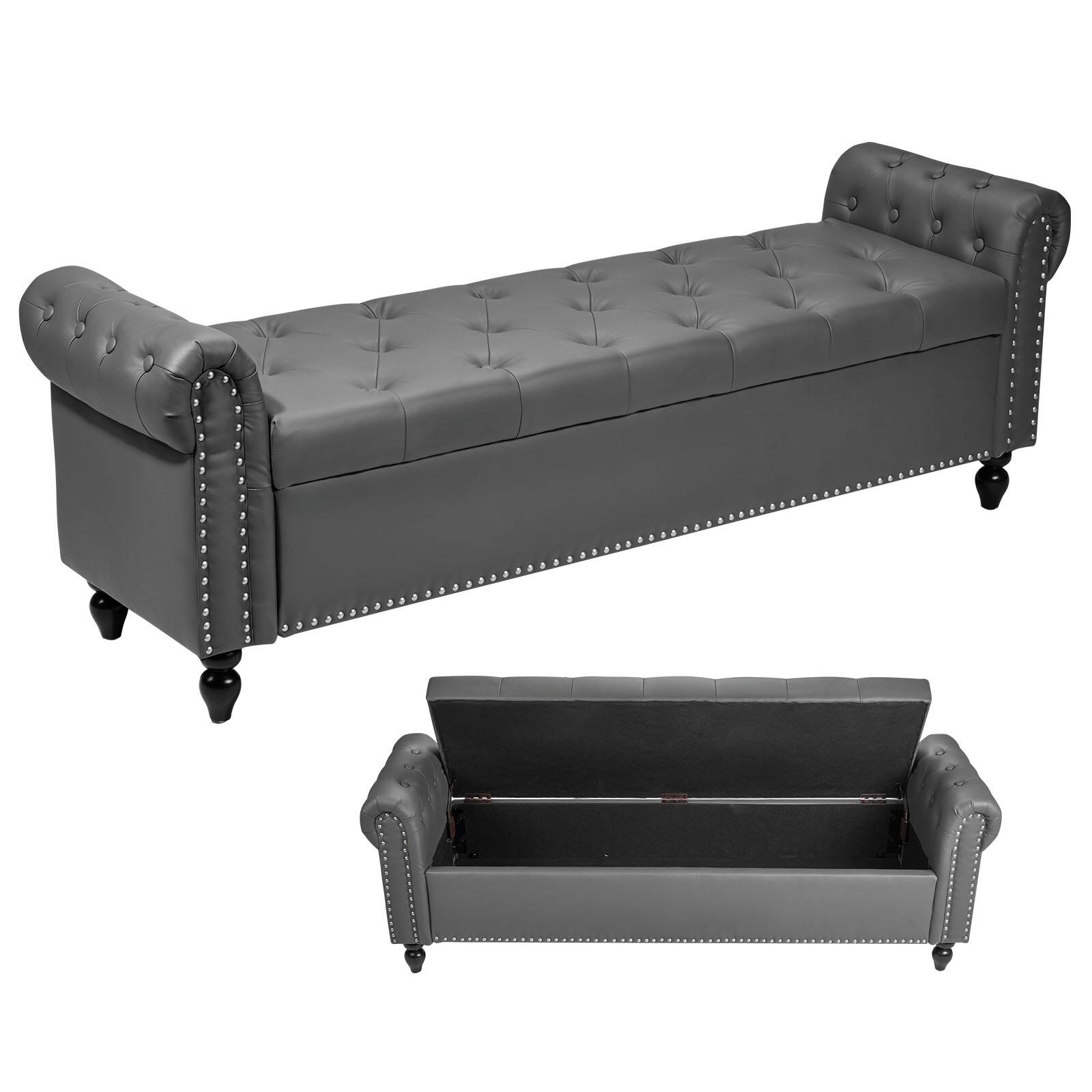 Front. VEVOR - Button-Tufted Storage Ottoman Bench, Rolled Arm PU Leather Bench with Solid Wood Legs - Grey.