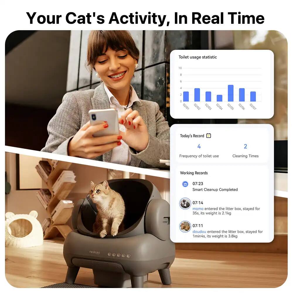 Your Cat's Activity, In Real Time

Toilet usage statistic

02/01 02/02 02/03 02/04 02/05 02/06 02/07

Today's Record
4 2

Frequency of toilet use Cleaning Times

Working Records
07:23 Smart Cleanup Completed
07:14 momo entered the litter box, stayed for 35s, its weight is 2.1kg
07:11 doudou entered the litter box, stayed for 1min4s, its weight is 3.8kg