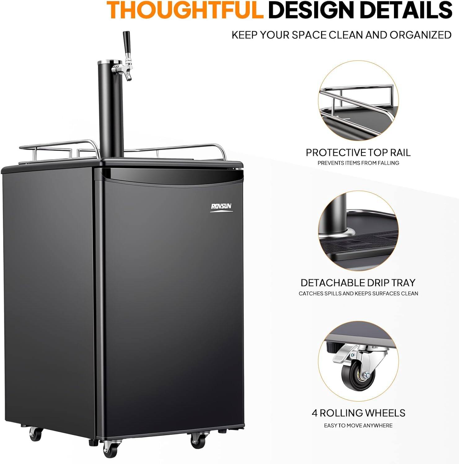 Thoughtful design details keep your space clean and organized. Protective top rail prevents items from falling. Rovsun detachable drip tray catches spills and keeps surfaces clean. 4 rolling wheels easy to move anywhere.