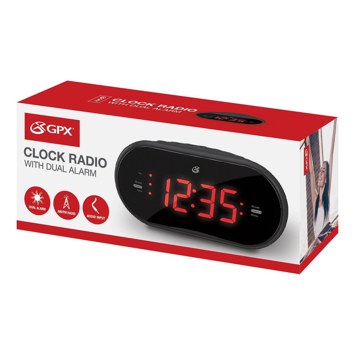 GPX CLOCK RADIO WITH DUAL ALARM  
- DUAL ALARM  
- AM/FM RADIO  
- AUDIO INPUT