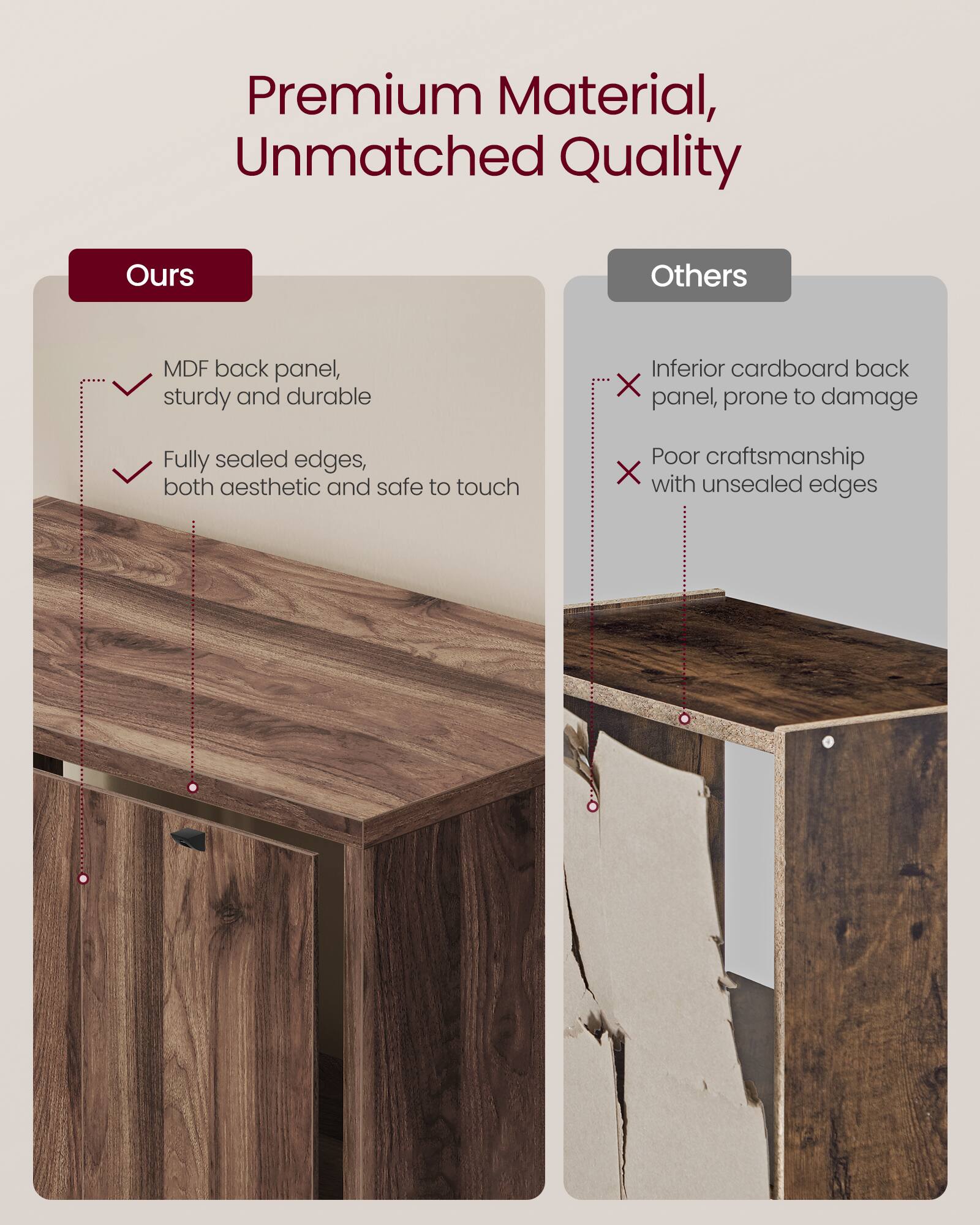 Premium Material, Unmatched Quality

Ours
- MDF back panel, sturdy and durable
- Fully sealed edges, both aesthetic and safe to touch

Others
- Inferior cardboard back panel, prone to damage
- Poor craftsmanship with unsealed edges