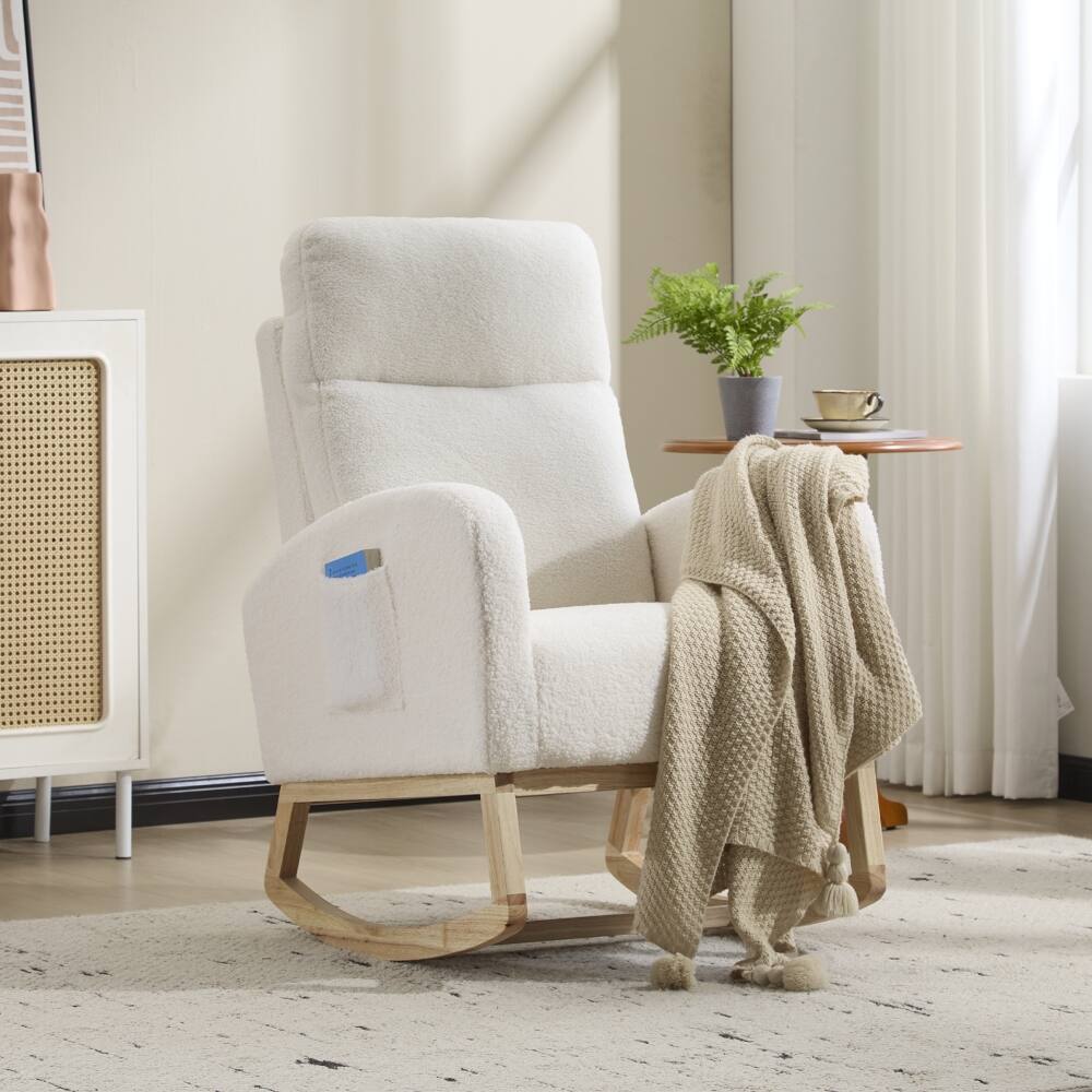 Front. Loheer - Loheer Modern High Backrest Teddy Fleece Breastfeeding Glider, White Ergonomic Nursery Rocker with Solid Wood Base - White.