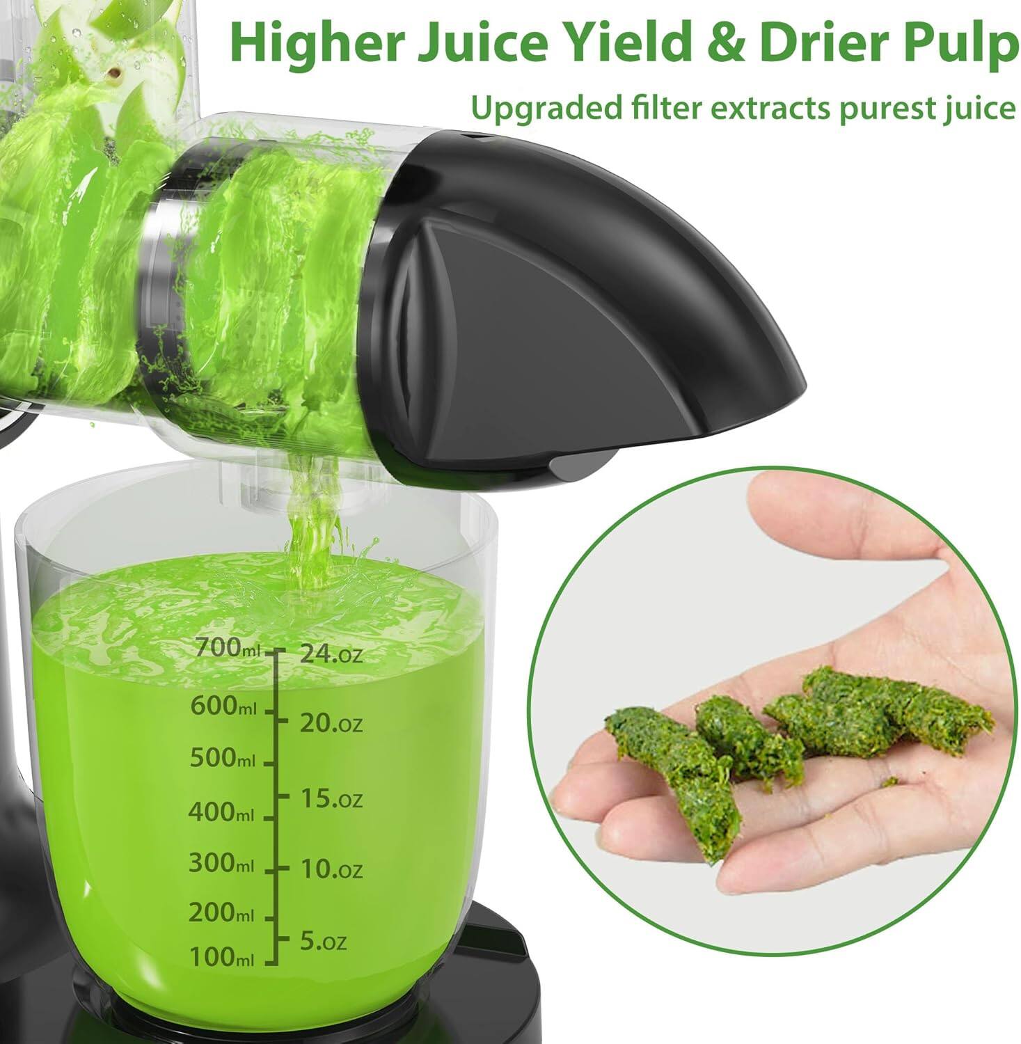 Higher Juice Yield & Drier Pulp. Upgraded filter extracts purest juice. 700ml 24.oz, 600ml 20.oz, 500ml 15.oz, 400ml 10.oz, 300ml 5.oz, 200ml, 100ml.