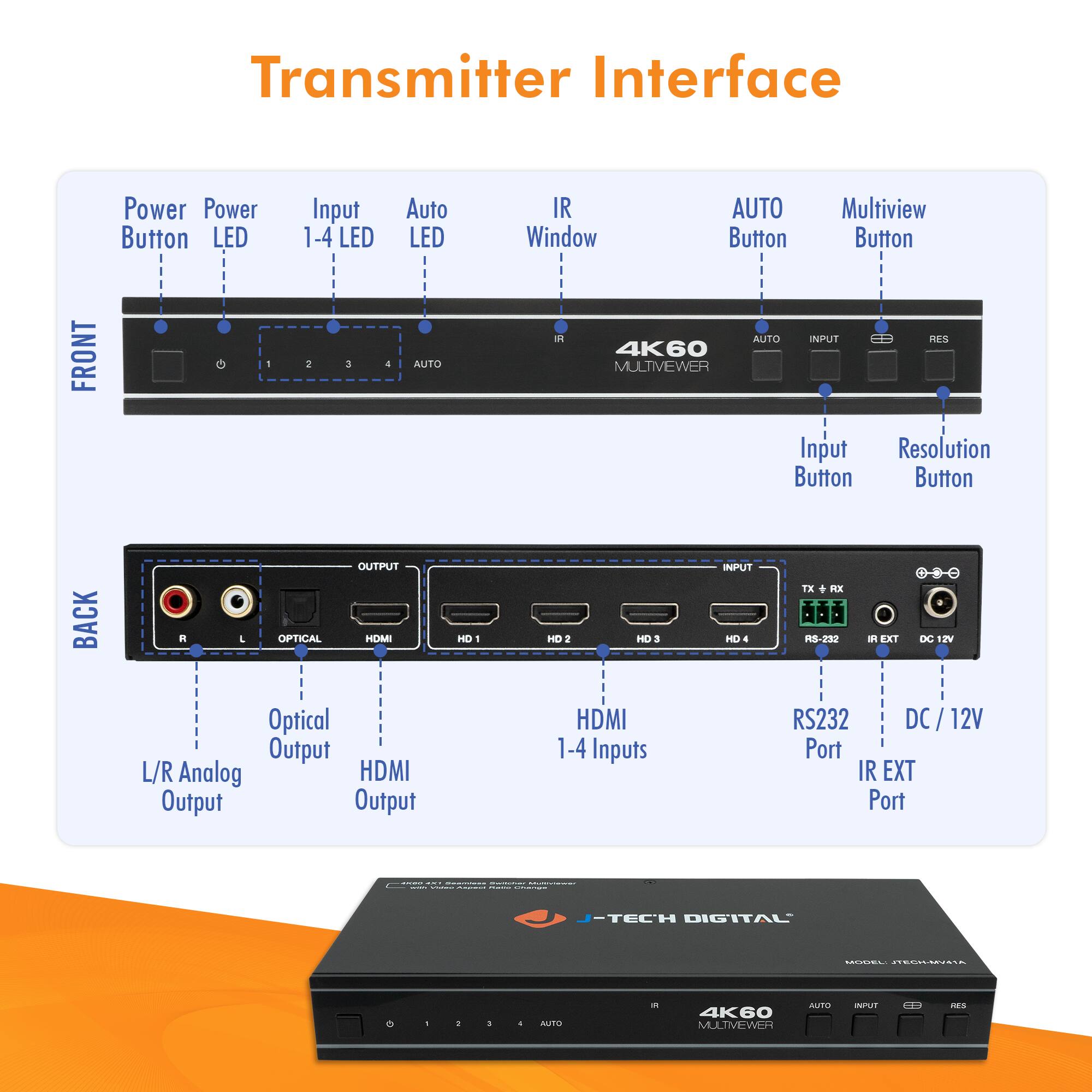 Transmitter Interface

FRONT
- Power Button
- Power LED
- Input 1-4 LED
- Auto LED
- IR Window
- AUTO Button
- Multiview Button
- 4K60 MULTIVEWER
- Input Button
- Resolution Button

BACK
- L/R Analog Output
- Optical Output
- HDMI Output
- HDMI 1-4 Inputs
- RS232 Port
- IR EXT Port
- DC / 12V Port

J-TECH DIGITAL
MODEL: JTECH-4K60