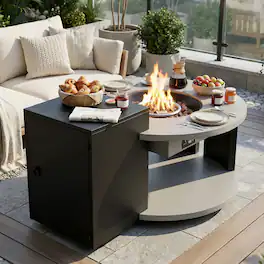 FUFU & GAGA - 50,000 BTU Propane Fire Table – Wood-Grain Zinc Aluminum Top with Hidden Tank, ETL Certified Outdoor Patio Heater - Black & Gray