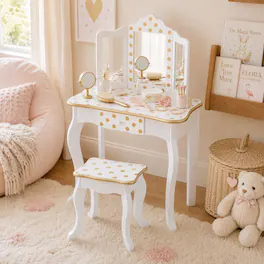 Teamson Kids - Fantasy Fields Gisele Polka Dot Kids Vanity Table & Stool, White & Gold
