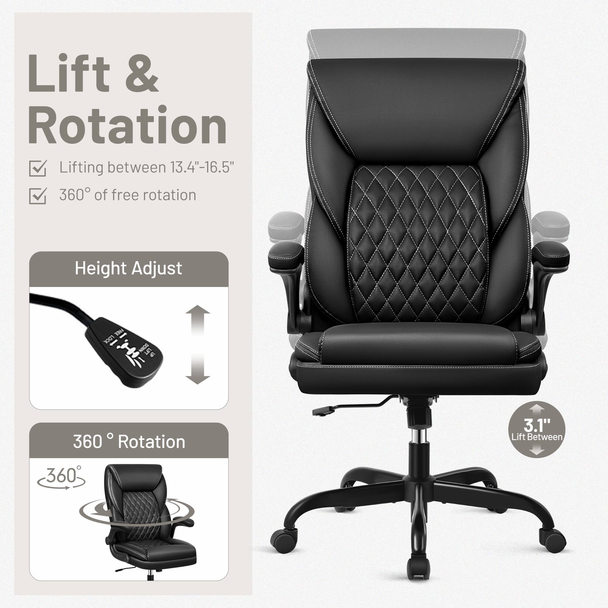 Lift & Rotation  
Lifting between 13.4"-16.5"  
360° of free rotation  

Height Adjust  

360° Rotation  

3.1" Lift Between