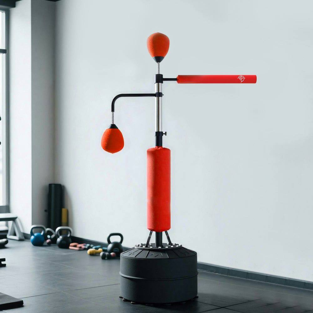 Angle. Resenkos - 4-in-1 Boxing Stand with 2 Speed Balls, Relax Bar and PU Punching Bag - Red - Red.