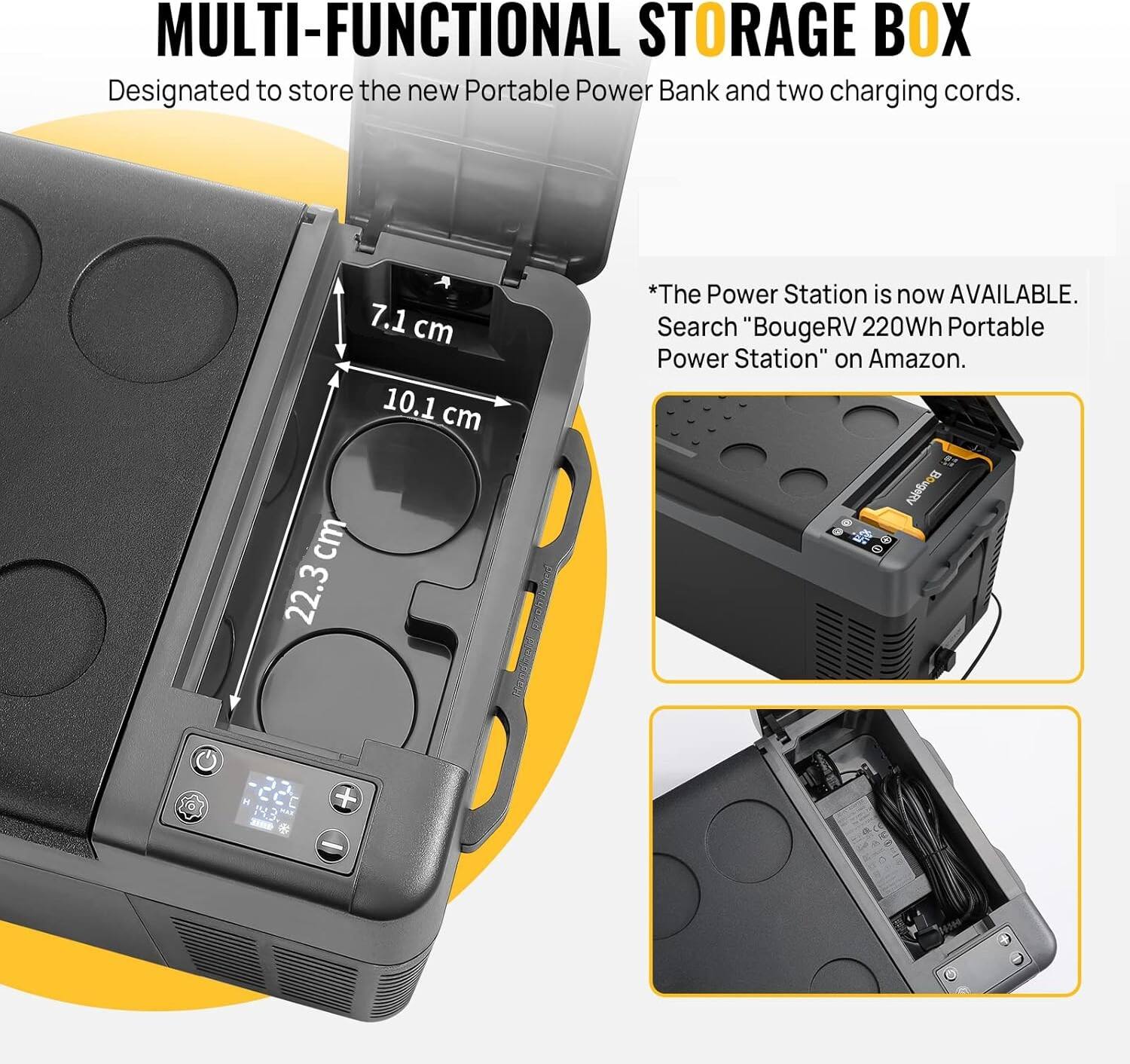 The text on the image can be grouped and corrected as follows:

---

**MULTI-FUNCTIONAL STORAGE BOX**

Designed to store the new Portable Power Bank and two charging cords.

- 7.1 cm
- 10.1 cm
- 22.3 cm

*The Power Station is now AVAILABLE. Search "BougeRV 220Wh Portable Power Station" on Amazon.*

---

**BougeRV**

---

**H C 1 3 X 8 +**