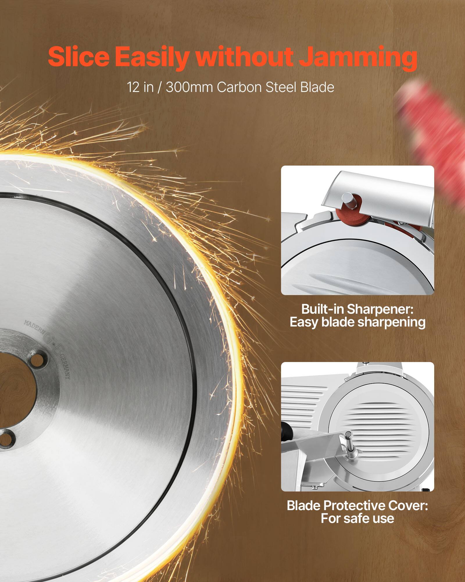 Slice Easily without Jamming  
12 in / 300mm Carbon Steel Blade  

MADERN MINUTED GERMANY  

Built-in Sharpener: Easy blade sharpening  

Blade Protective Cover: For safe use