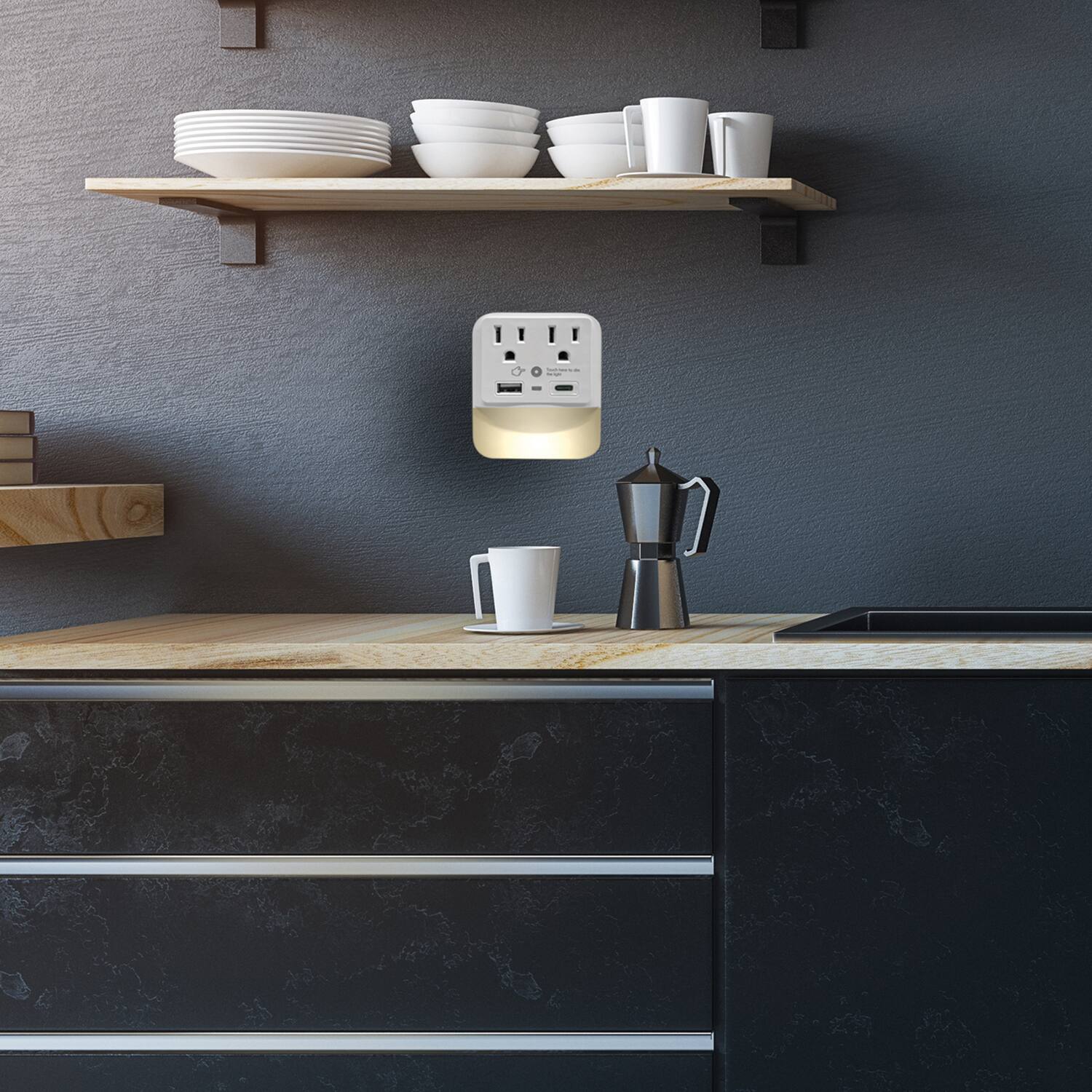 Left. Ciao Tech - 2-Outlet 2-USB Port 300J Travel Charger Surge Protector Wall Tap LED Night-Light CPATU00-066 - White.