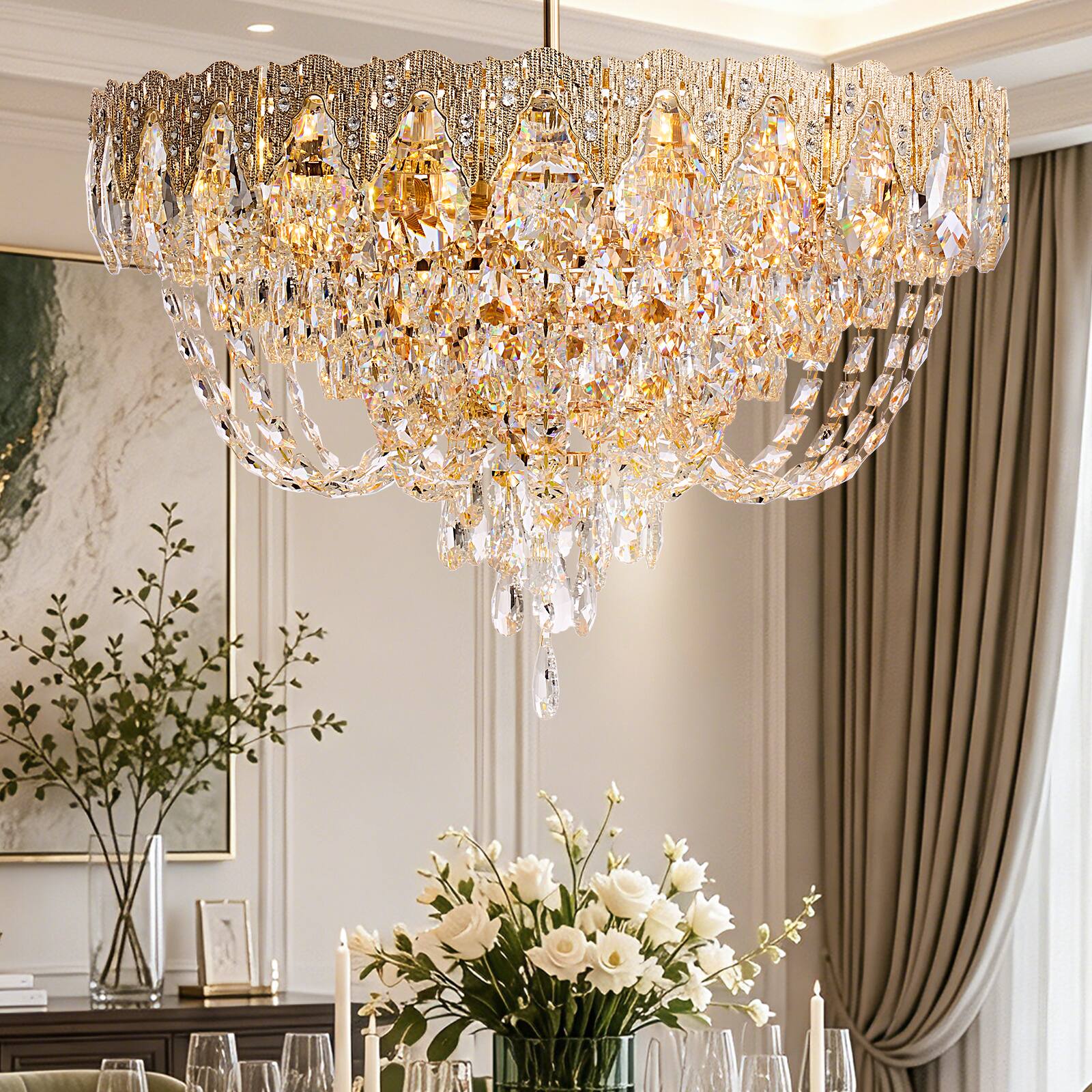 Angle. Siljoy - 23.6-in Modern Glam Brass Round K9 Crystal 12-Light E12 Dimmable Adjustable Pendant for Dining Living Foyer - Brass.