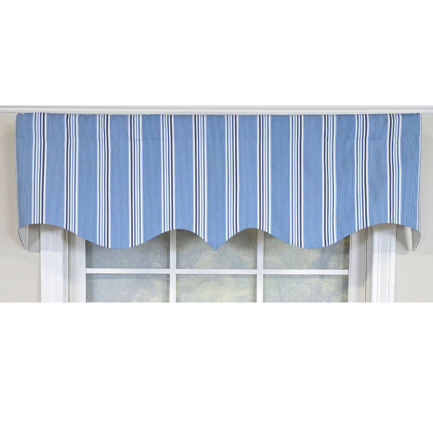 Left. RLF Home - RLF Home 100% Cotton Freya Stripe Regal  Fully lined Windows Rod Pocket Valance 50" x 17"  Blue - Blue.