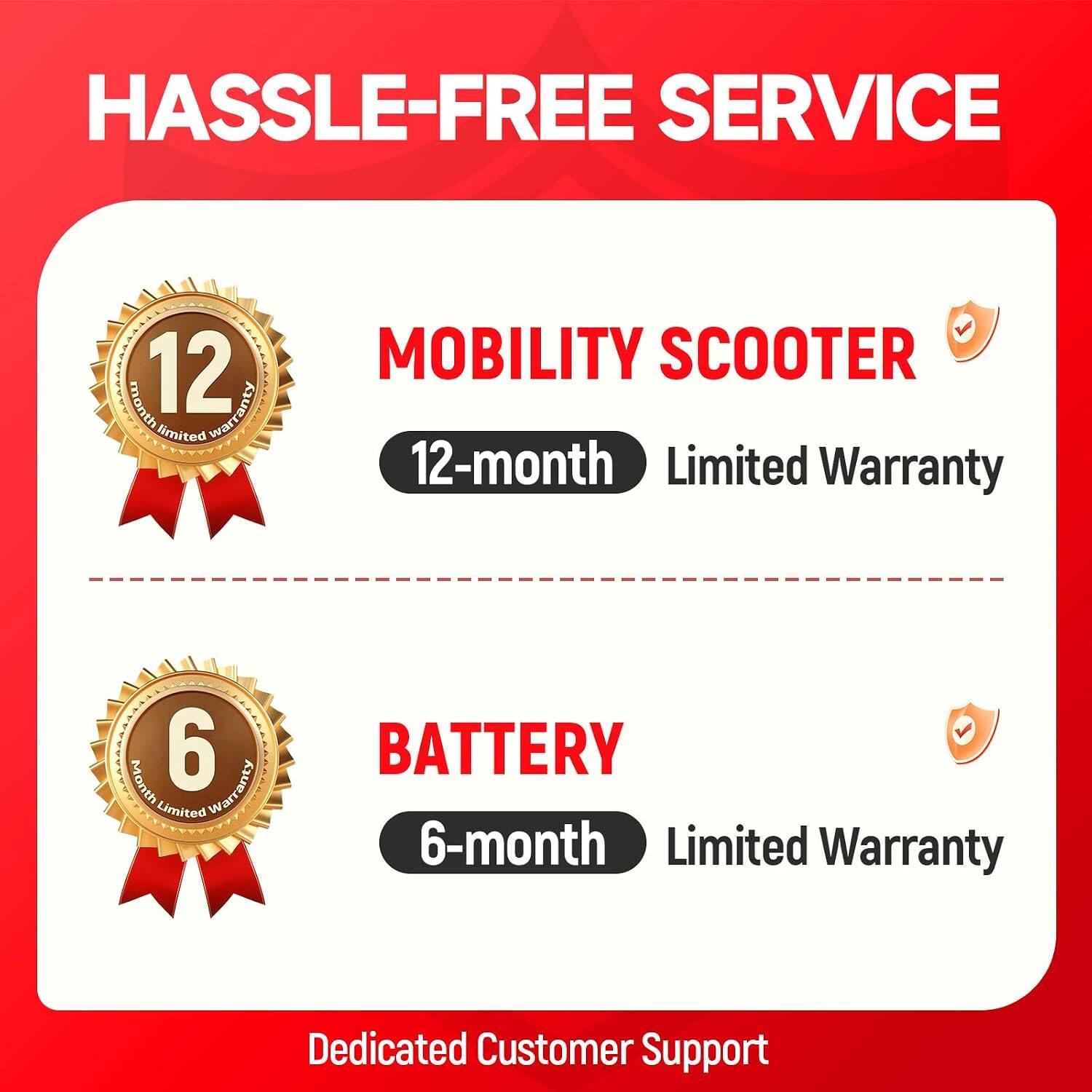 HASSLE-FREE SERVICE

MOBILITY SCOOTER
12-month Limited Warranty

BATTERY
6-month Limited Warranty

Dedicated Customer Support