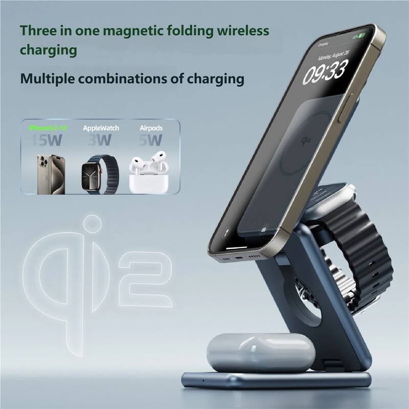 Three in one magnetic folding wireless charging

Multiple combinations of charging

iPhone 12-16: 15W
Apple Watch: 3W
Airpods: 5W