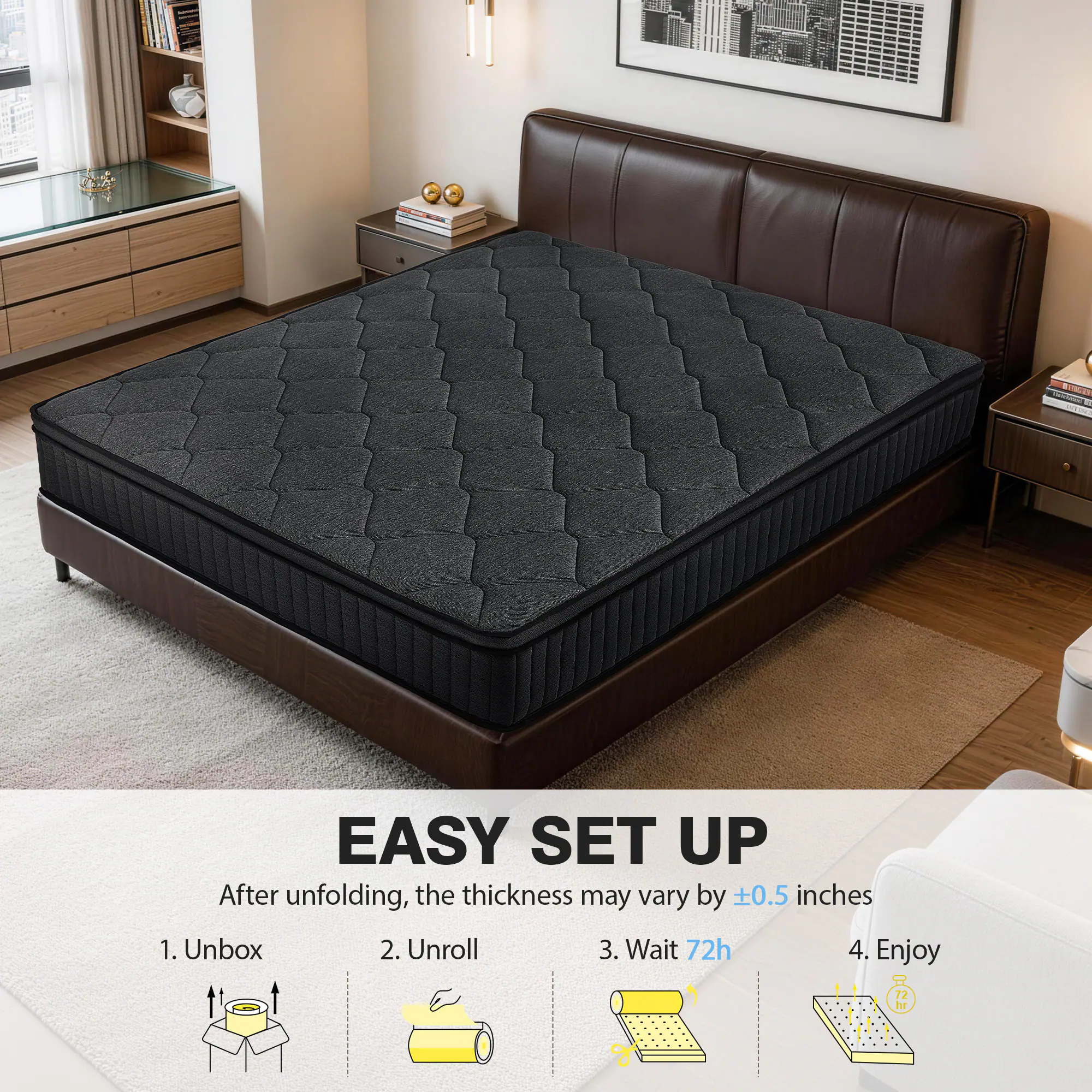BROWN

EASY SET UP
After unfolding, the thickness may vary by ±0.5 inches
1. Unbox
2. Unroll
3. Wait 72h
4. Enjoy

72hr