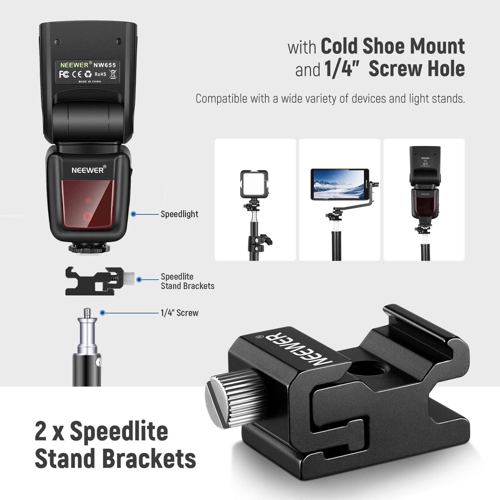 NEEWER NW655 E-RoNS C - Compatible with Cold Shoe Mount and 1/4" Screw Hole. Compatible with a wide variety of devices and light stands. NEEWER Speedlight Speedlite Stand Brackets 1/4" Screw. NEEWER 2 x Speedlite Stand Brackets