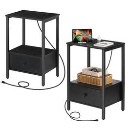 Oumilen - Set of 2 End Table with Built-In Charging Station & Wood Drawer - Black