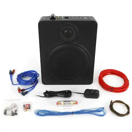 Front. Stock Preferred - 8" 600W Audio Slim Under-Seat Powered Subwoofer with Amp Kit - Black.