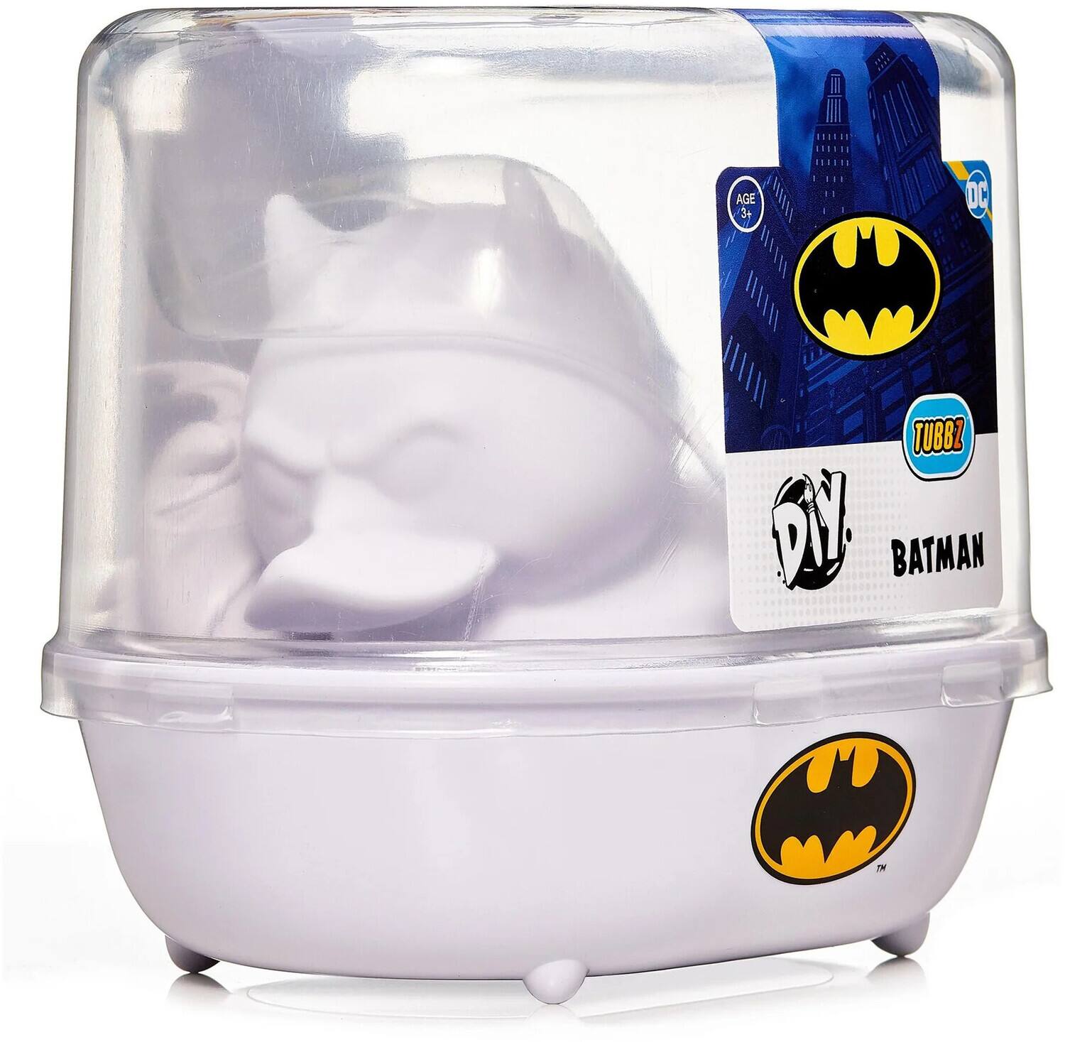 The text on the image is: "AGE 3+ DC TUBBZ BATMAN IN."