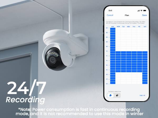 9:41  
Cancel  
Plan  
Save  
Will Fun  
A  
During The Enabled  
The Video Period  
..  
SUN  
MON  
TUE  
WED  
THU  
FRI  
SAT  
02 04 08 10  
BHANNESS % * = 20 22 she 24/7  
*Note: Power consumption is fast in continuous recording mode, and it is not recommended to use this mode in winter