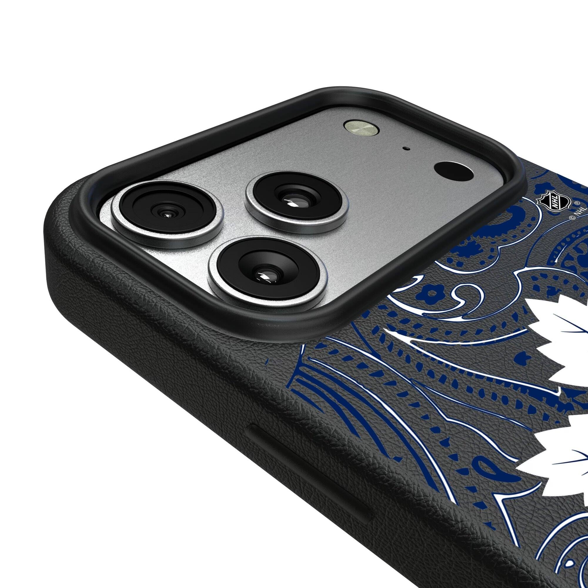Alt View 2. Keyscaper - Black Toronto Maple Leafs Paisley iPhone Magnetic Bump Case - 16 Plus - Black.