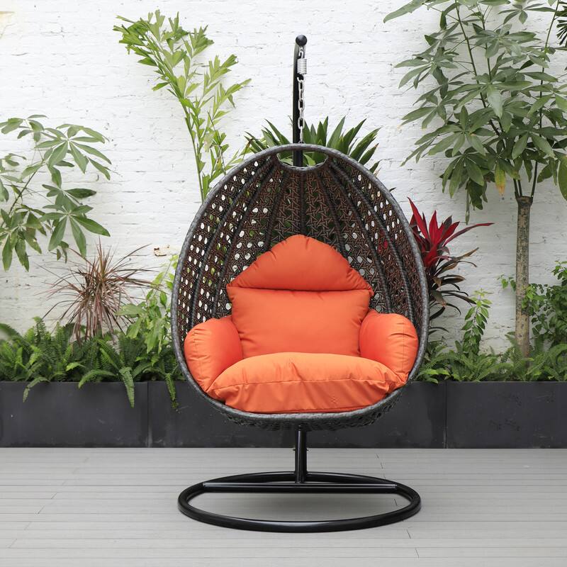 Back. LeisureMod - LeisureMod Charcoal Wicker Outdoor Egg Swing Chair with Steel Stand - UV & Rust Resistant Single Seat for Patio - Orange.