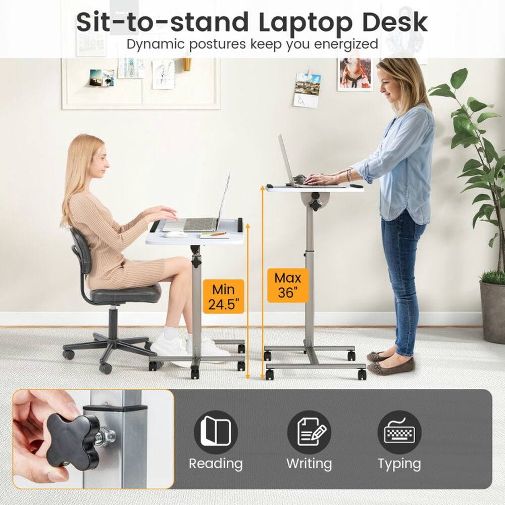Sit-to-stand Laptop Desk  
Dynamic postures keep you energized  
Min 24.5"  
Max 36"  
Reading  
Writing  
Typing