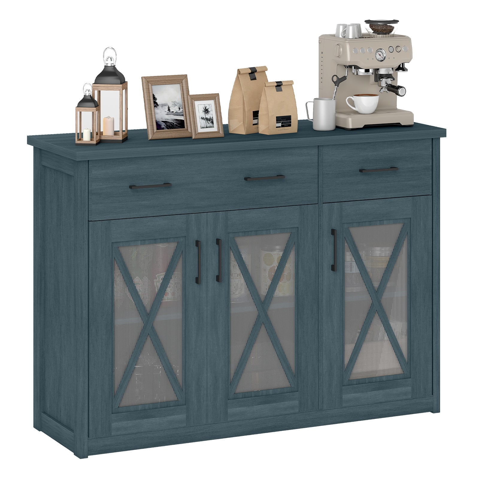 Costway - Farmhouse Buffet Sideboard with 2 Drawers Fluted Barn Doors for Kitchen Dining Room - Turquoise