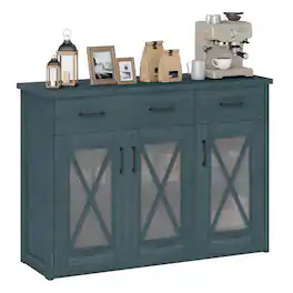 Costway - Farmhouse Buffet Sideboard with 2 Drawers Fluted Barn Doors for Kitchen Dining Room - Turquoise