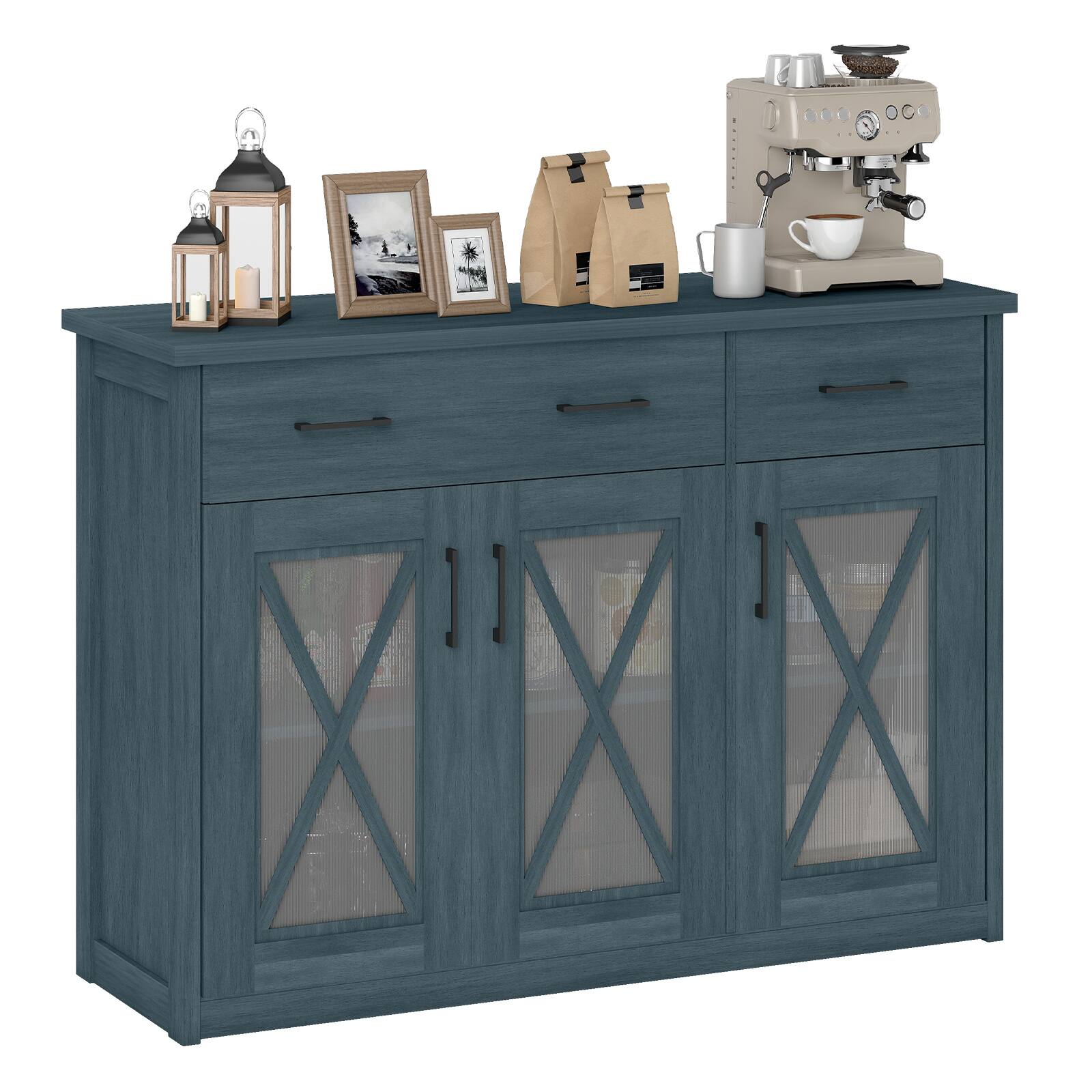 Costway - Farmhouse Buffet Sideboard with 2 Drawers Fluted Barn Doors for Kitchen Dining Room - Turquoise