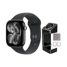 Front. Apple - Apple Watch Series 11 (GPS) 46mm Aluminum Case with Black Sport Band - M/L - Jet Black Bundle With Accessories - Jet Black.