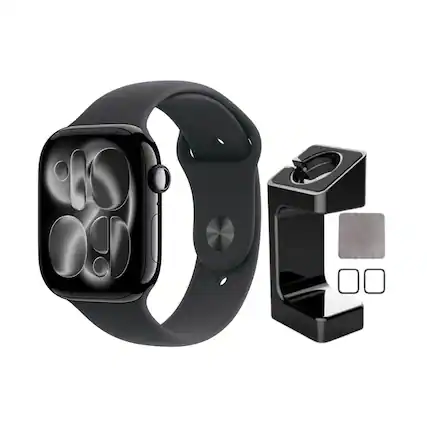 Front. Apple - Apple Watch Series 11 (GPS) 42mm Jet Black Aluminum Case with Black Sport Band - S/M With Accessories - Jet Black.