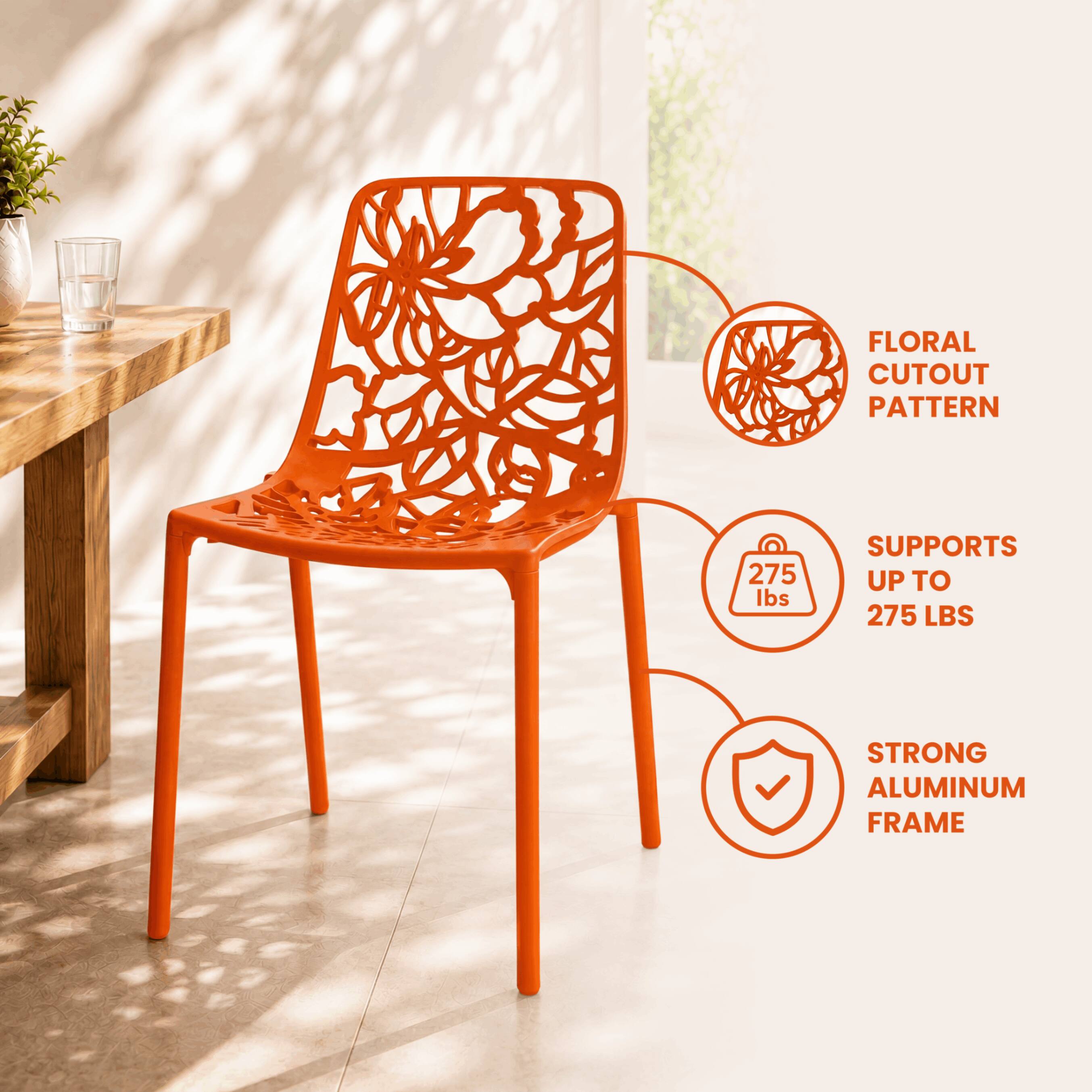 FLORAL CUTOUT PATTERN  
SUPPORTS UP TO 275 LBS  
STRONG ALUMINUM FRAME
