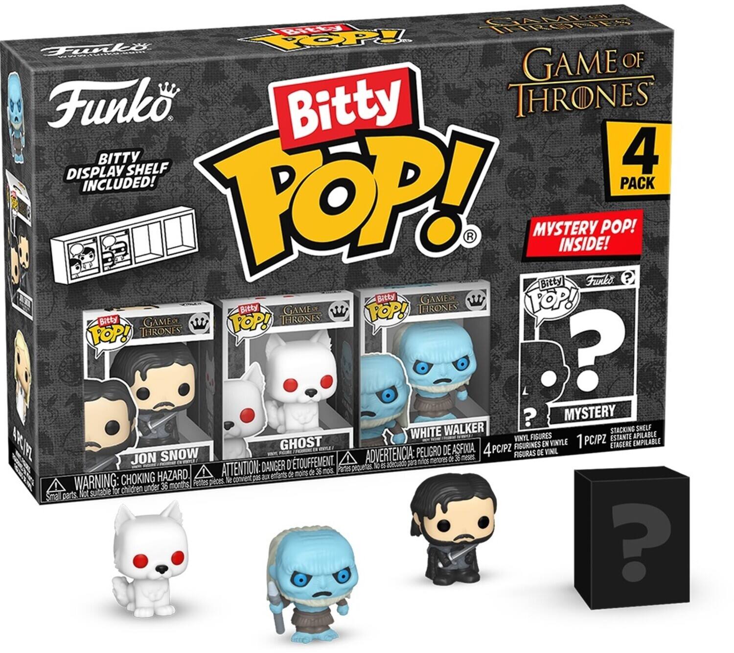 GAME OF THRONES, Funko, Bitty POP!, 4 PACK, DISPLAY SHELF INCLUDED!, MYSTERY POP! INSIDE!, WHITE WALKER, GHOST, JON SNOW, 4 PC/PZ, VINYL FIGURES, STACKING SHELF, RIFZ, PELIGRO DE ASFIXIA, ADVERTENCIA: DANGER, CHOKING HAZARD, WARNING: CHOKING HAZARD, NOT SUITABLE FOR CHILDREN UNDER 36 MONTHS
