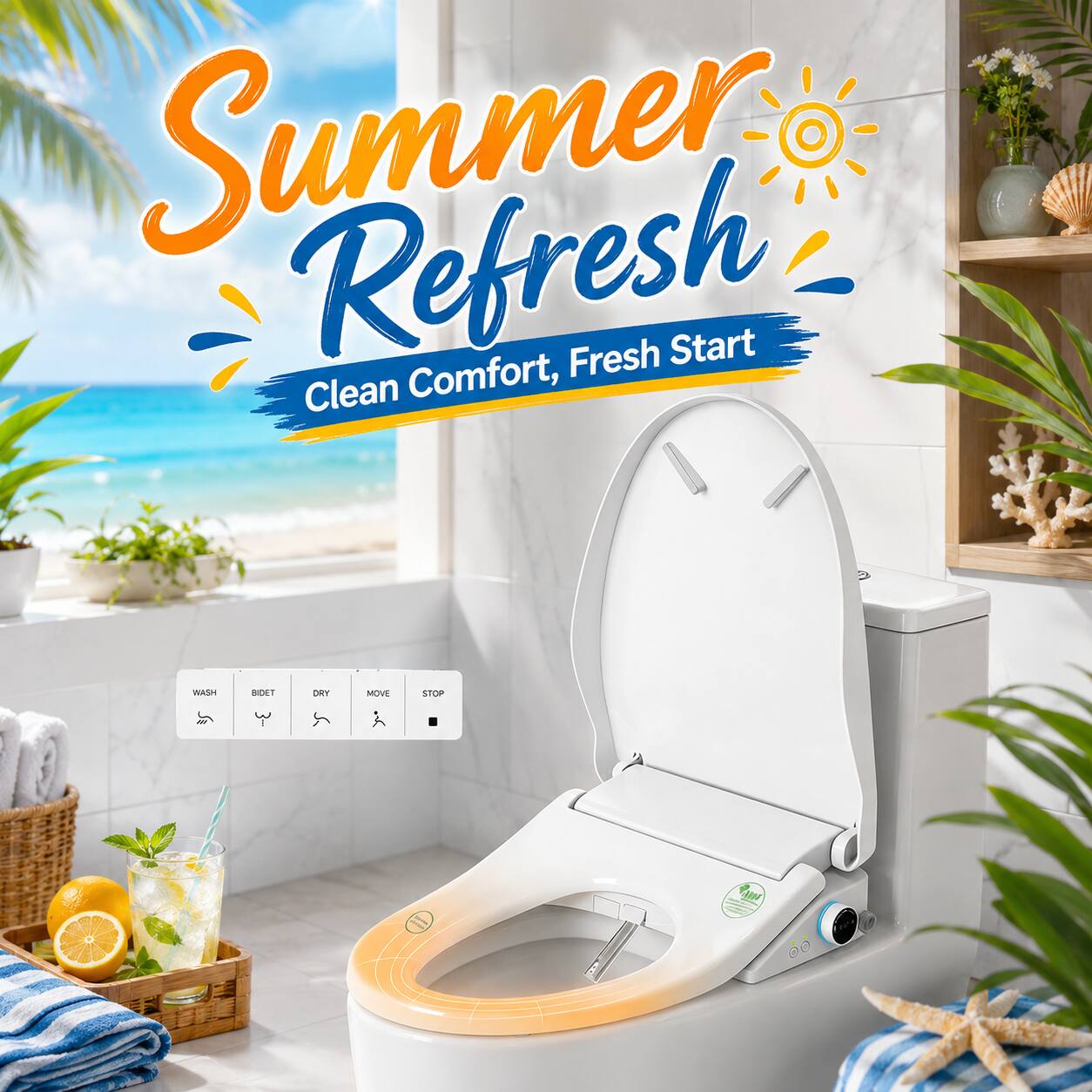 Summer Refresh  
Clean Comfort, Fresh Start  

WASH BIDET DRY MOVE STOP
