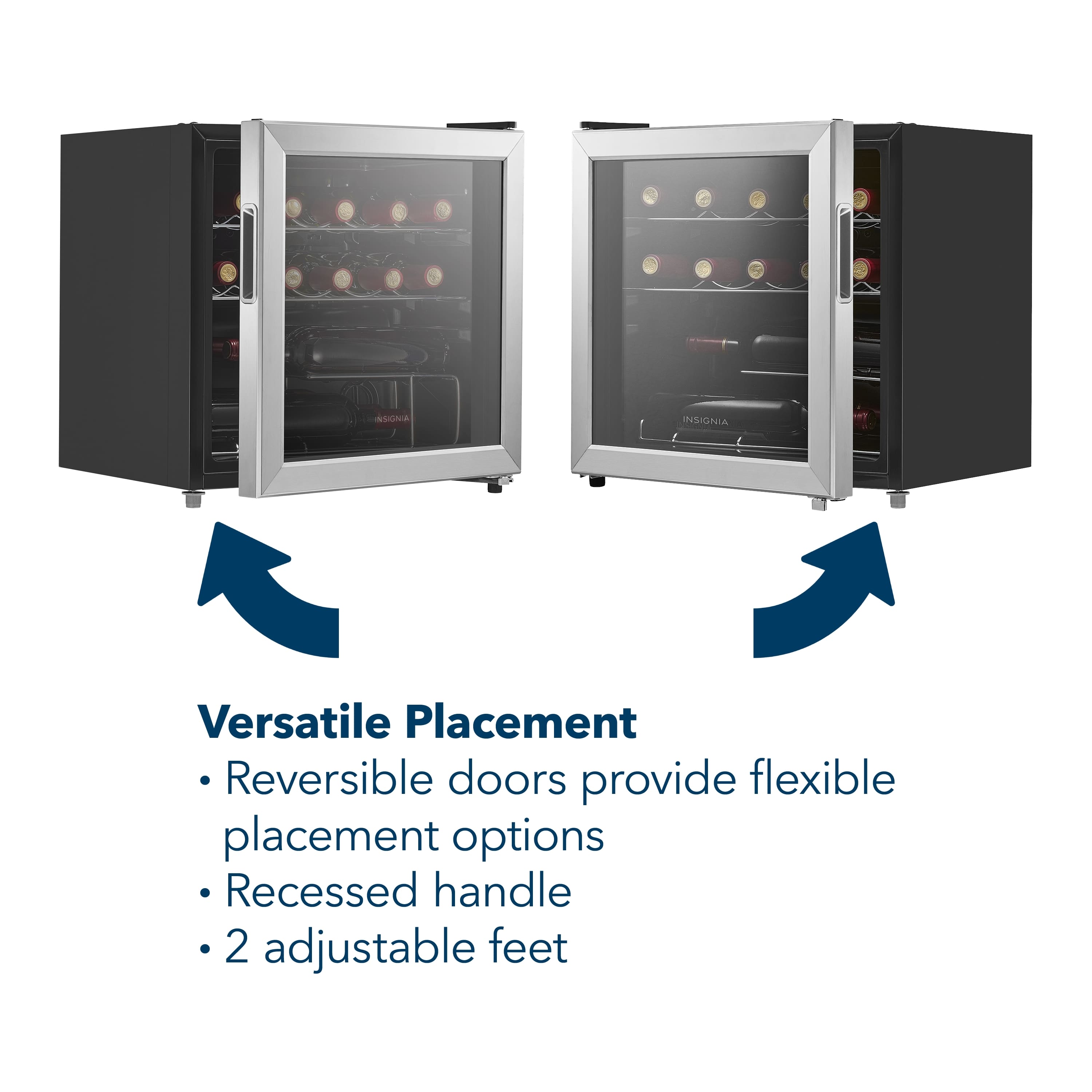 Versatile Placement Reversible doors provide flexible placement options Recessed handle 2 adjustable feet